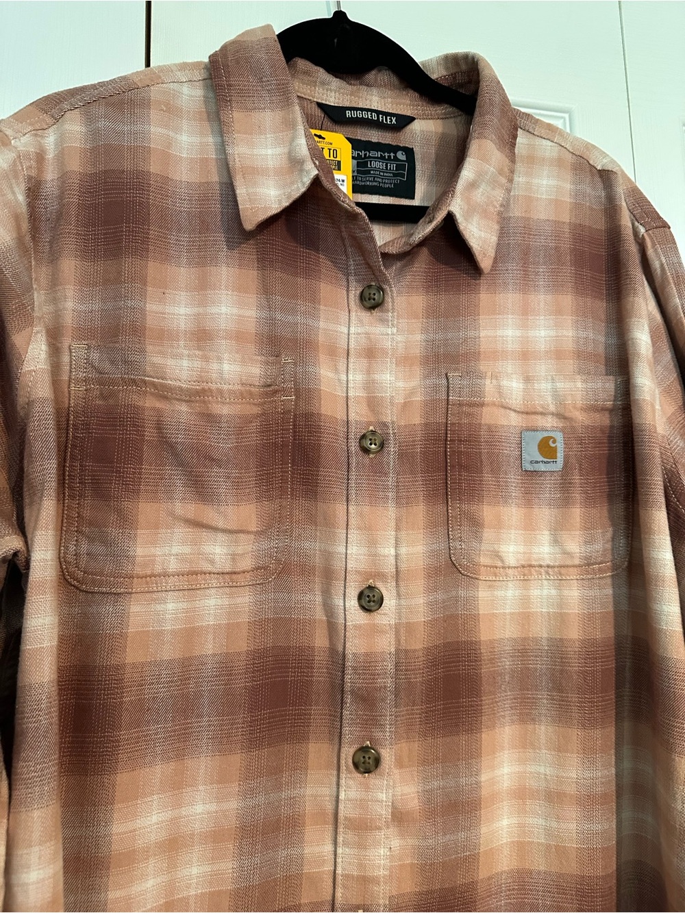 Carhartt Rugged Flex Brown & Peach Plaid Button-Up Shirt - Picture 2 of 7
